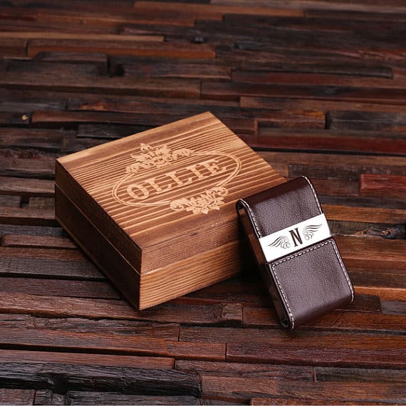 Personalized Leather Business Card Holder with Wood Gift Box - Teals ...